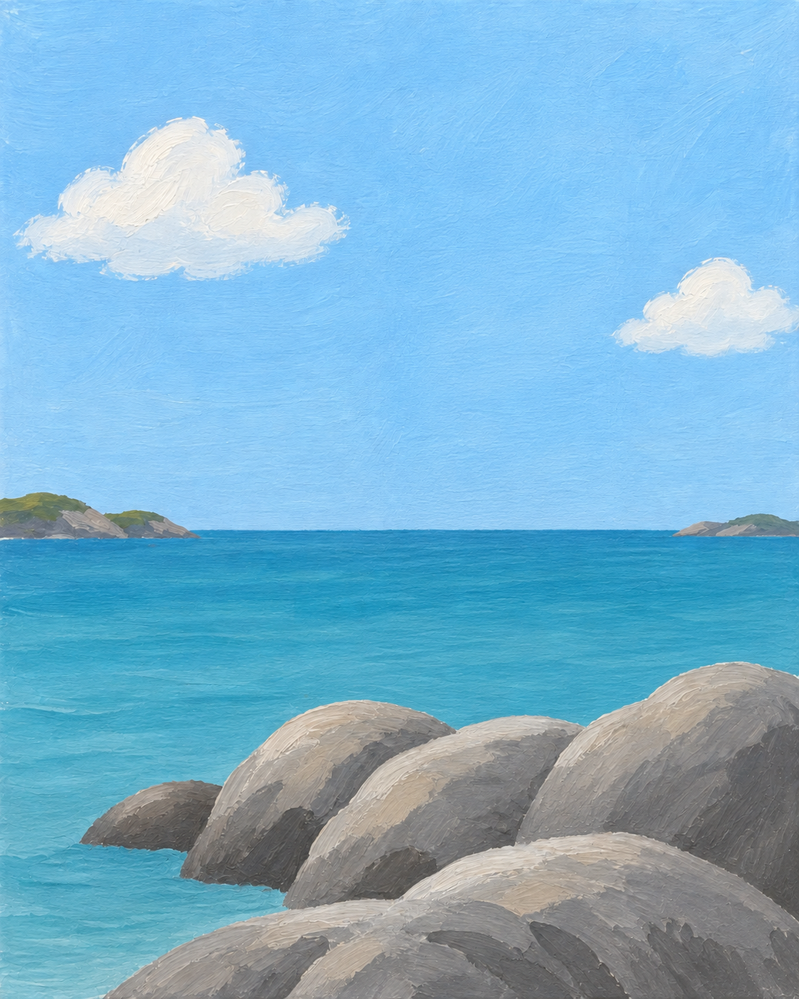 Stage 2 reference: clouds, distant land, and broad rock shapes.